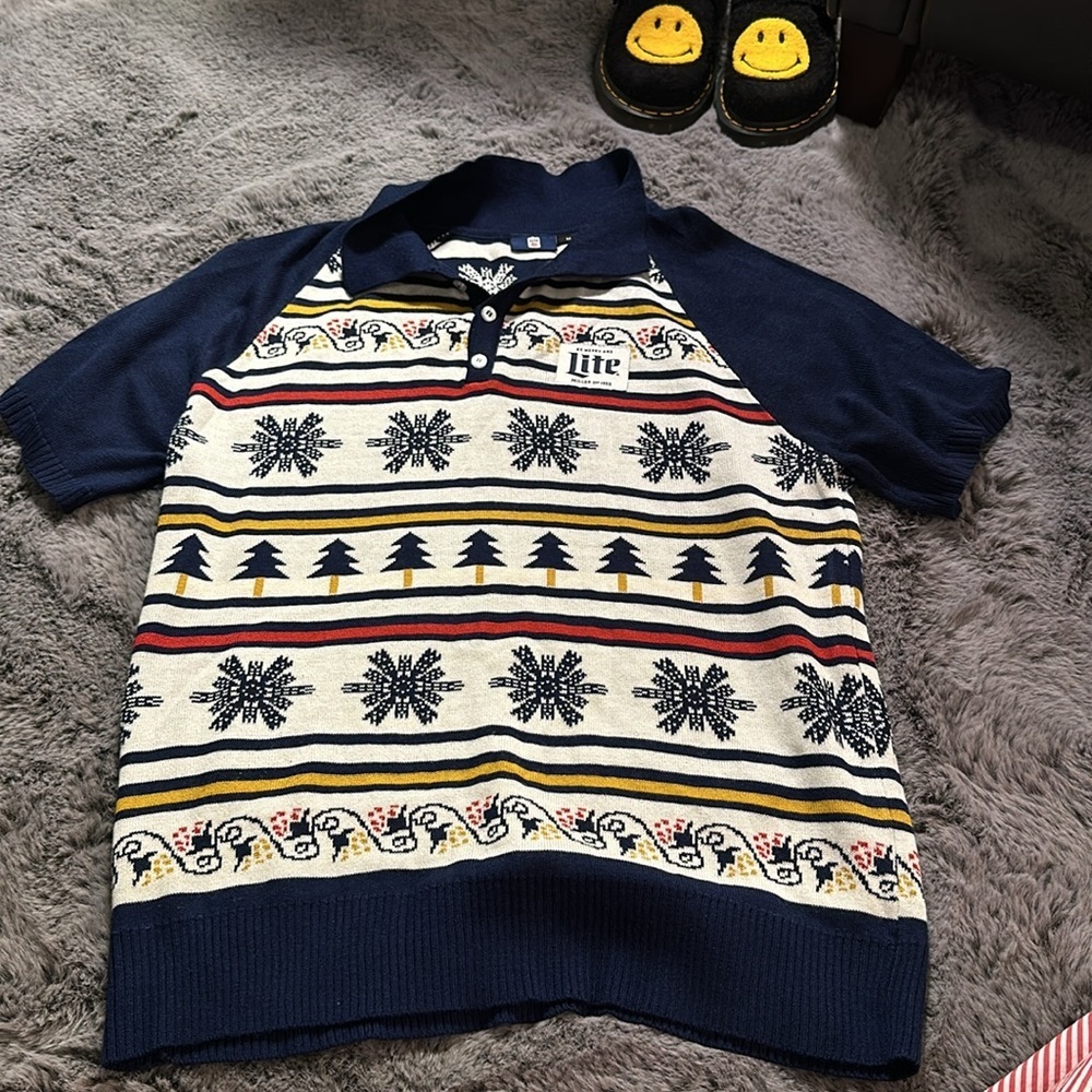 Miller Lite Ugly Christmas Polo Blue Cream Sweater Official Knit Men's Medium